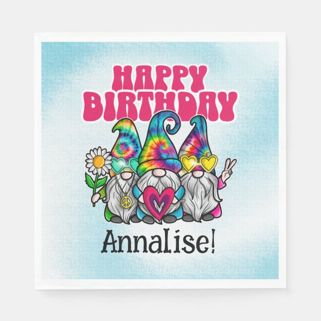 Groovy Gnomes Rainbow Tie Dye Birthday Party Napkins (Front)