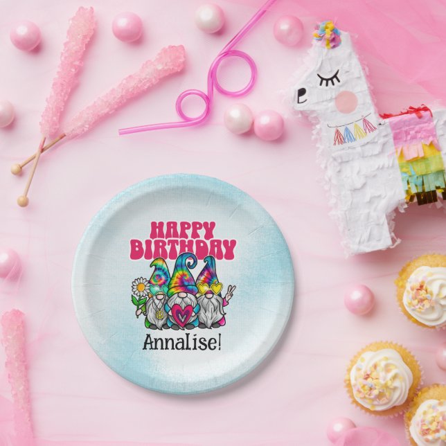 Groovy Gnomes Rainbow Tie Dye Birthday Party Paper Plates (Party)