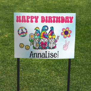 Groovy Gnomes Rainbow Tie Dye Birthday Party Sign