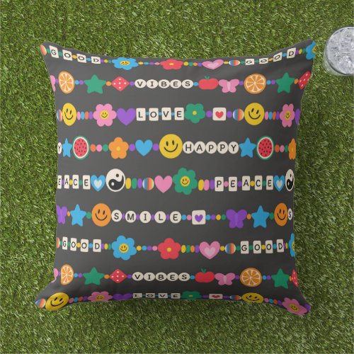 Groovy Good Vibes Love Smile Retro Beads Outdoor Pillow