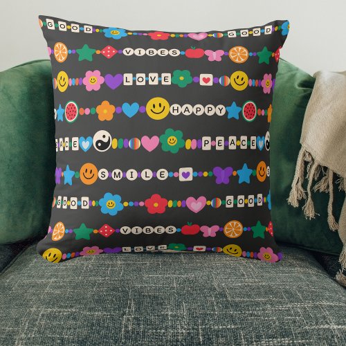 Groovy Good Vibes Love Smile Retro Beads Throw Pillow