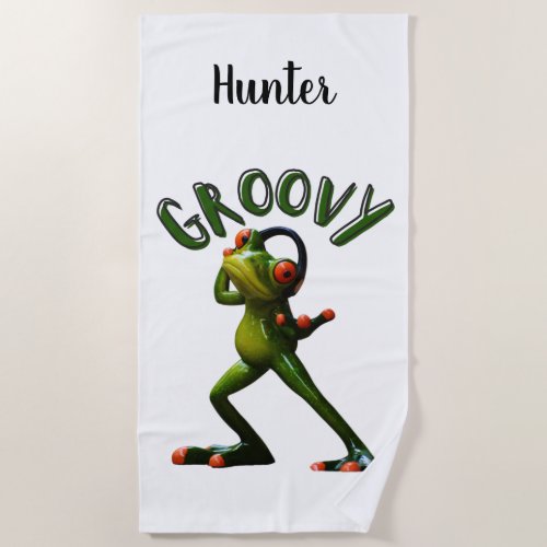 Groovy Green Frog Beach Towel