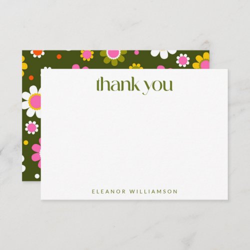 Groovy Green Retro Flowers Bridal Shower Custom Thank You Card