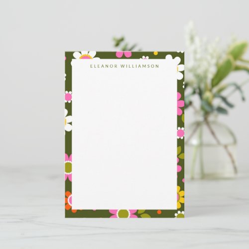 Groovy Green Retro Flowers Personalized Stationery Note Card