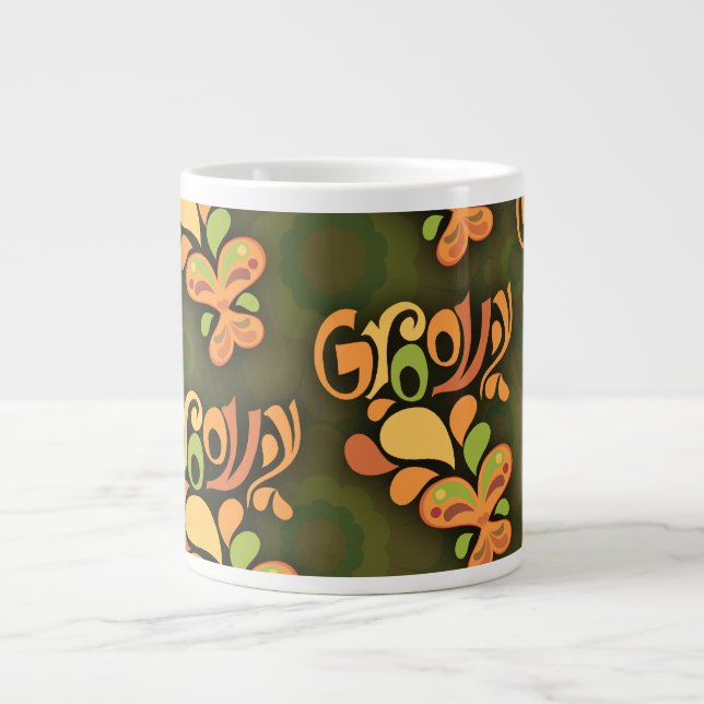 Groovy Green Sixties Butterflies Retro Pattern Giant Coffee Mug (Front)