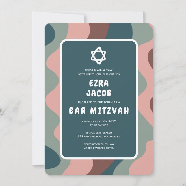 Groovy Green Waves Star ofDavid Custom Bar Mitzvah Invitation (Front)