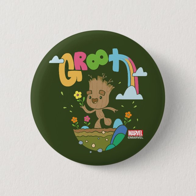 Groovy Groot Flowers and Rainbow Button (Front)