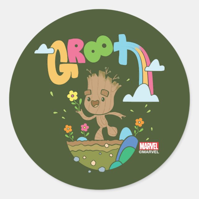 Groovy Groot Flowers and Rainbow Classic Round Sticker (Front)