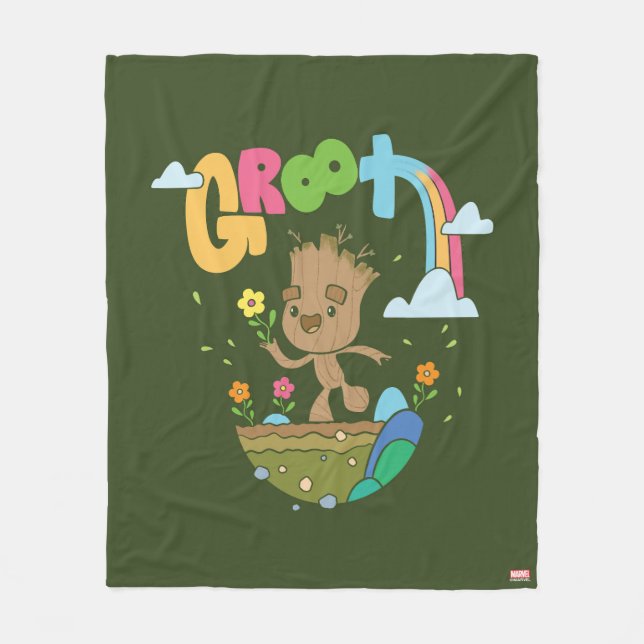 Groovy Groot Flowers and Rainbow Fleece Blanket (Front)