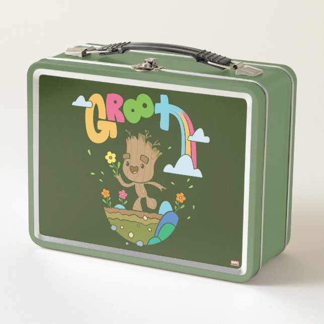 Groovy Groot Flowers and Rainbow Metal Lunch Box (Front)