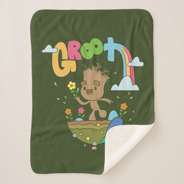 Groovy Groot Flowers and Rainbow Sherpa Blanket (Front)