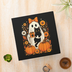 Groovy Halloween Ghost Holding Black Cat Floral 3 Ring Binder