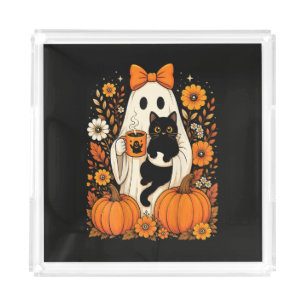 Groovy Halloween Ghost Holding Black Cat Floral Acrylic Tray