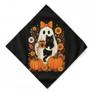 Groovy Halloween Ghost Holding Black Cat Floral Bandana