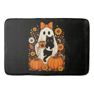 Groovy Halloween Ghost Holding Black Cat Floral Bath Mat