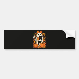 Groovy Halloween Ghost Holding Black Cat Floral Bumper Sticker
