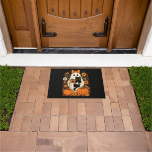 Groovy Halloween Ghost Holding Black Cat Floral Doormat