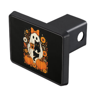 Groovy Halloween Ghost Holding Black Cat Floral Hitch Cover