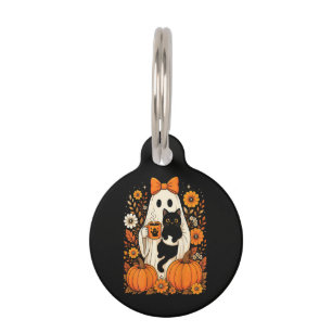 Groovy Halloween Ghost Holding Black Cat Floral Pet ID Tag