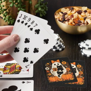 Groovy Halloween Ghost Holding Black Cat Floral Poker Cards