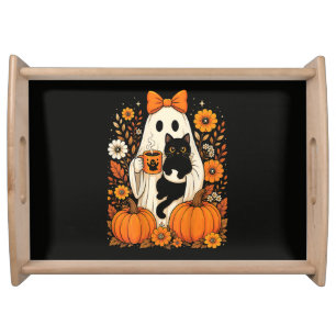 Groovy Halloween Ghost Holding Black Cat Floral Serving Tray