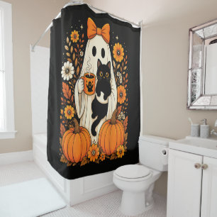Groovy Halloween Ghost Holding Black Cat Floral Shower Curtain