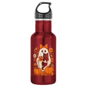 Groovy Halloween Ghost Holding Black Cat Floral Stainless Steel Water Bottle