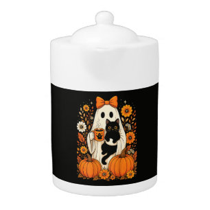 Groovy Halloween Ghost Holding Black Cat Floral Teapot