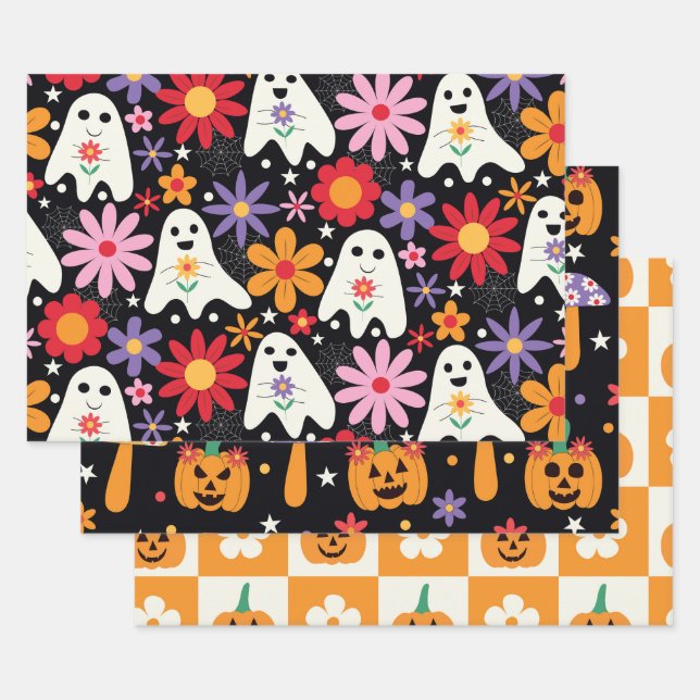 Groovy Halloween Ghosts Pumpkins and Flowers  Wrapping Paper Sheets (Set)