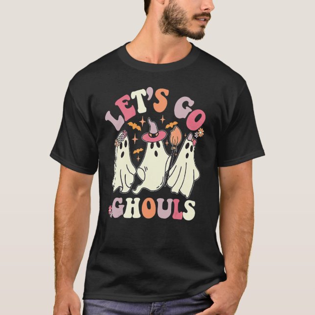 Groovy Halloween Let's Go Ghouls Retro Floral Ghos T-Shirt (Front)