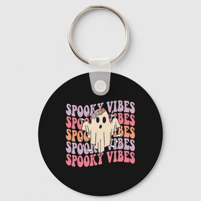 Groovy Halloween Spooky Vibes Retro Floral Ghost C Keychain (Front)