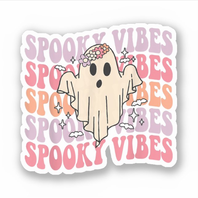 Groovy Halloween Spooky Vibes Retro Floral Ghost C Sticker (Front)