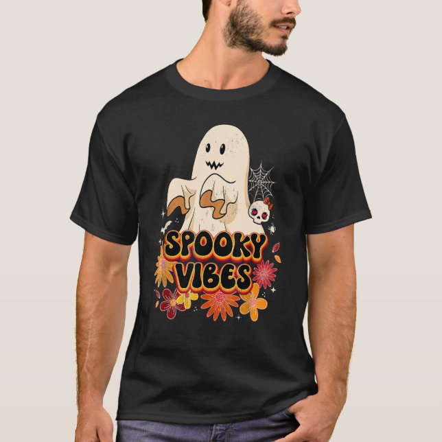 Groovy Halloween Spooky Vibes Retro Floral Ghost C T-Shirt (Front)