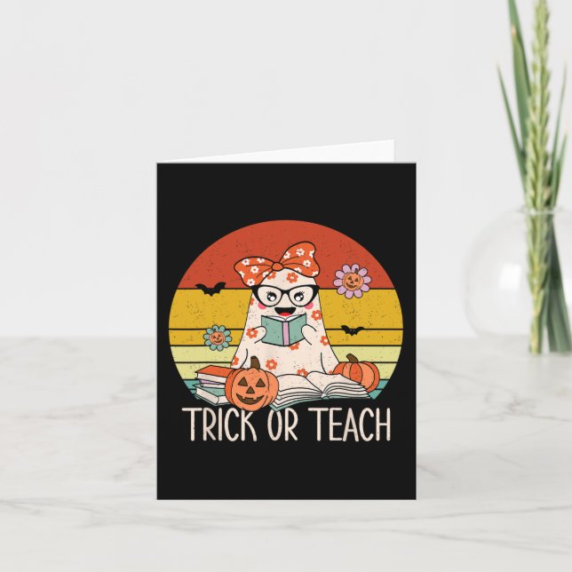 Groovy Halloween Trick or Teach Retro Floral Ghost Card (Front)
