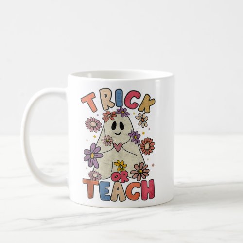 Groovy Halloween Trick Or Teach Retro Floral Ghost Coffee Mug