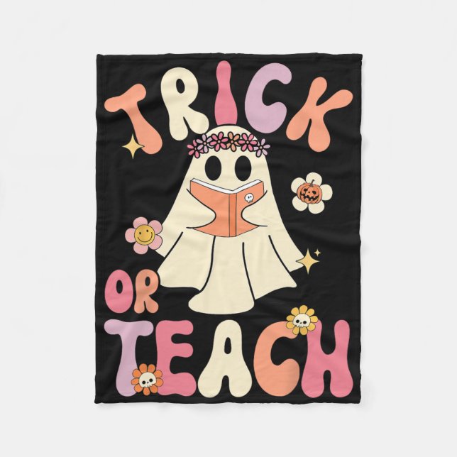 Groovy Halloween Trick Or Teach Retro Floral Ghost Fleece Blanket (Front)