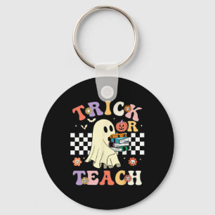 Groovy Halloween Trick Or Teach Retro Floral Ghost Keychain