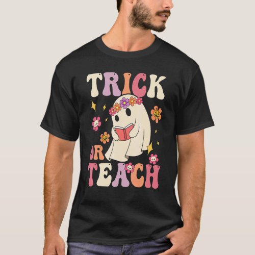 Groovy Halloween Trick or Teach Retro Floral Ghost T-Shirt