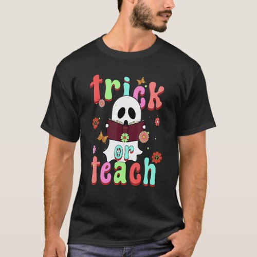 Groovy Halloween Trick or Teach Retro Floral Ghost T-Shirt