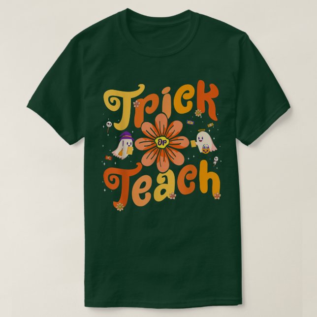 Groovy Halloween Trick or Teach Retro Floral Ghost T-Shirt (Design Front)