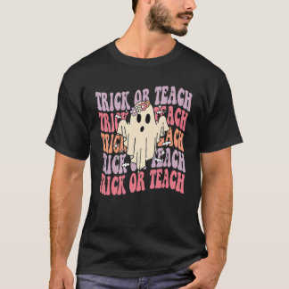 Groovy Halloween Trick or Teach Retro Floral Ghost T-Shirt