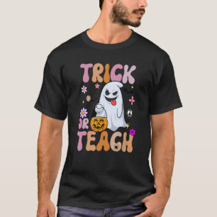 Groovy Halloween Trick or Teach Retro Floral Ghost T-Shirt