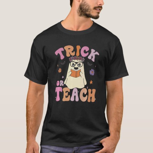 Groovy Halloween Trick or Teach Retro Floral Ghost T-Shirt