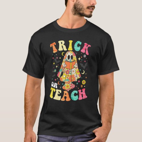 Groovy Halloween Trick Or Teach Retro Floral Ghost T-Shirt