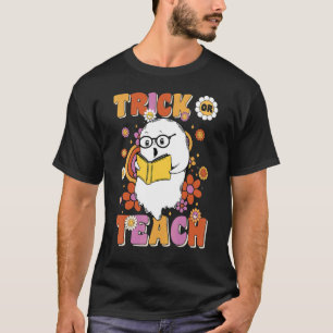 Groovy Halloween Trick or Teach Retro Floral Ghost T-Shirt