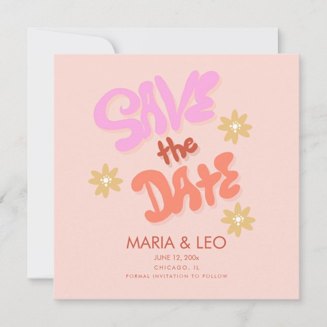 Groovy Hand Drawn Lettering Save the Date  Card (Front)
