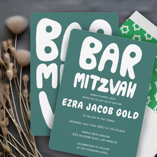 Groovy Handlettering Custom Bar Bnai Mitzvah Green Invitation