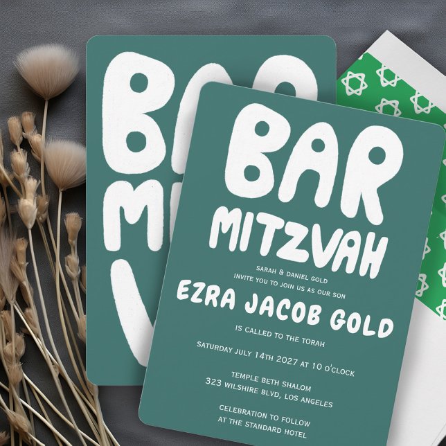 Groovy Handlettering Custom Bar Bnai Mitzvah Green Invitation (Groovy Handlettering Custom Bar Mitzvah Teal Green Invitation Minimalist Simple)