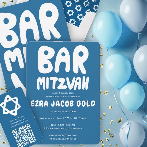 Groovy Handlettering Custom Bar Mitzvah Blue Invitation