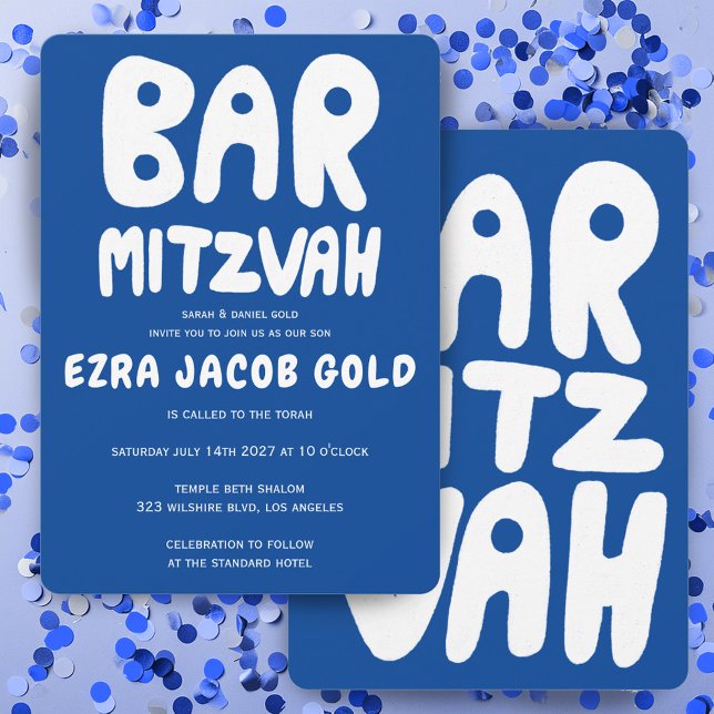 Groovy Handlettering Custom Bar Mitzvah Blue White Invitation (Groovy Handlettering Custom Bar Mitzvah Blue White Invitation
)